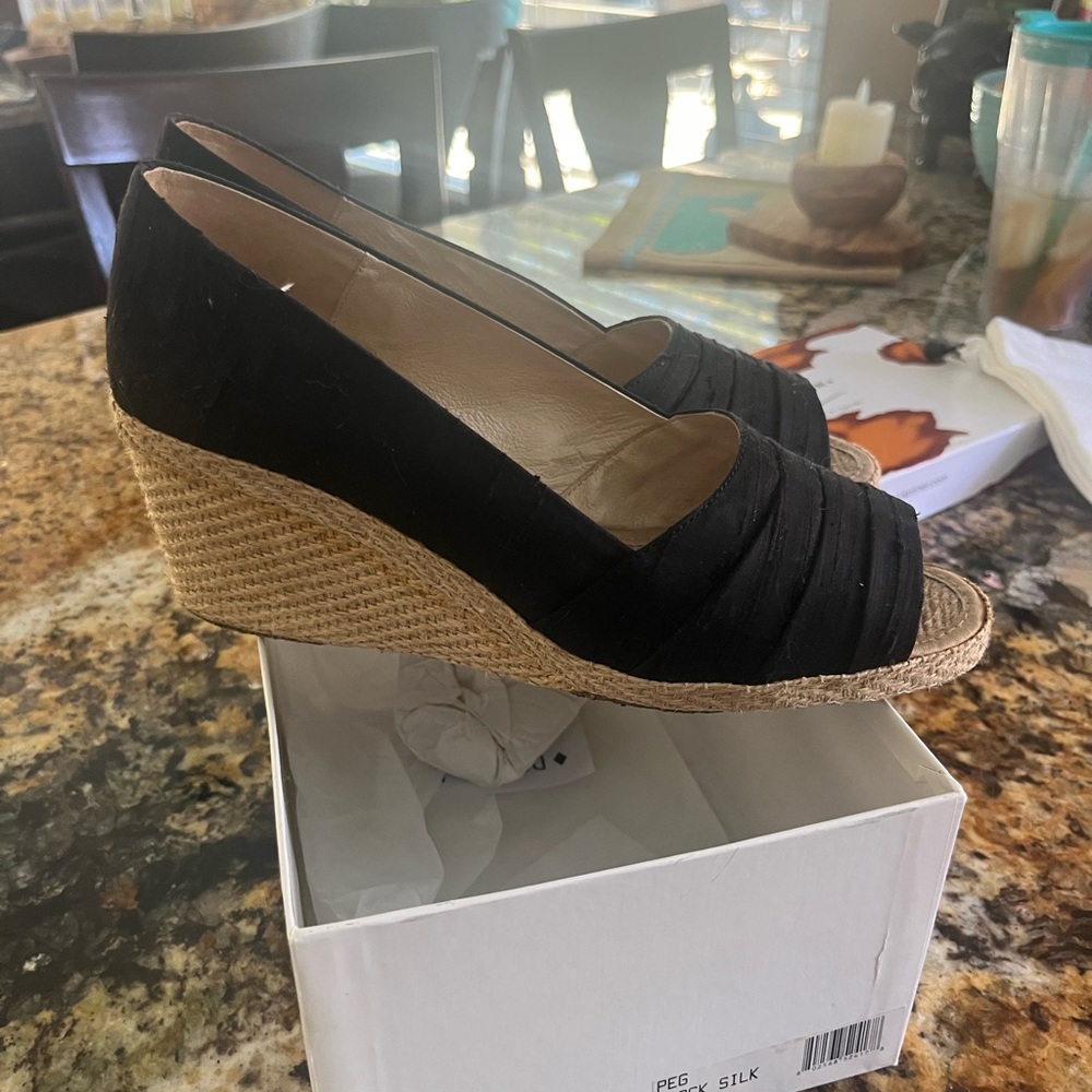 DONALD J PLINER BLACK SILK WEDGE SANDALS.  Gently Worn. Size 9M